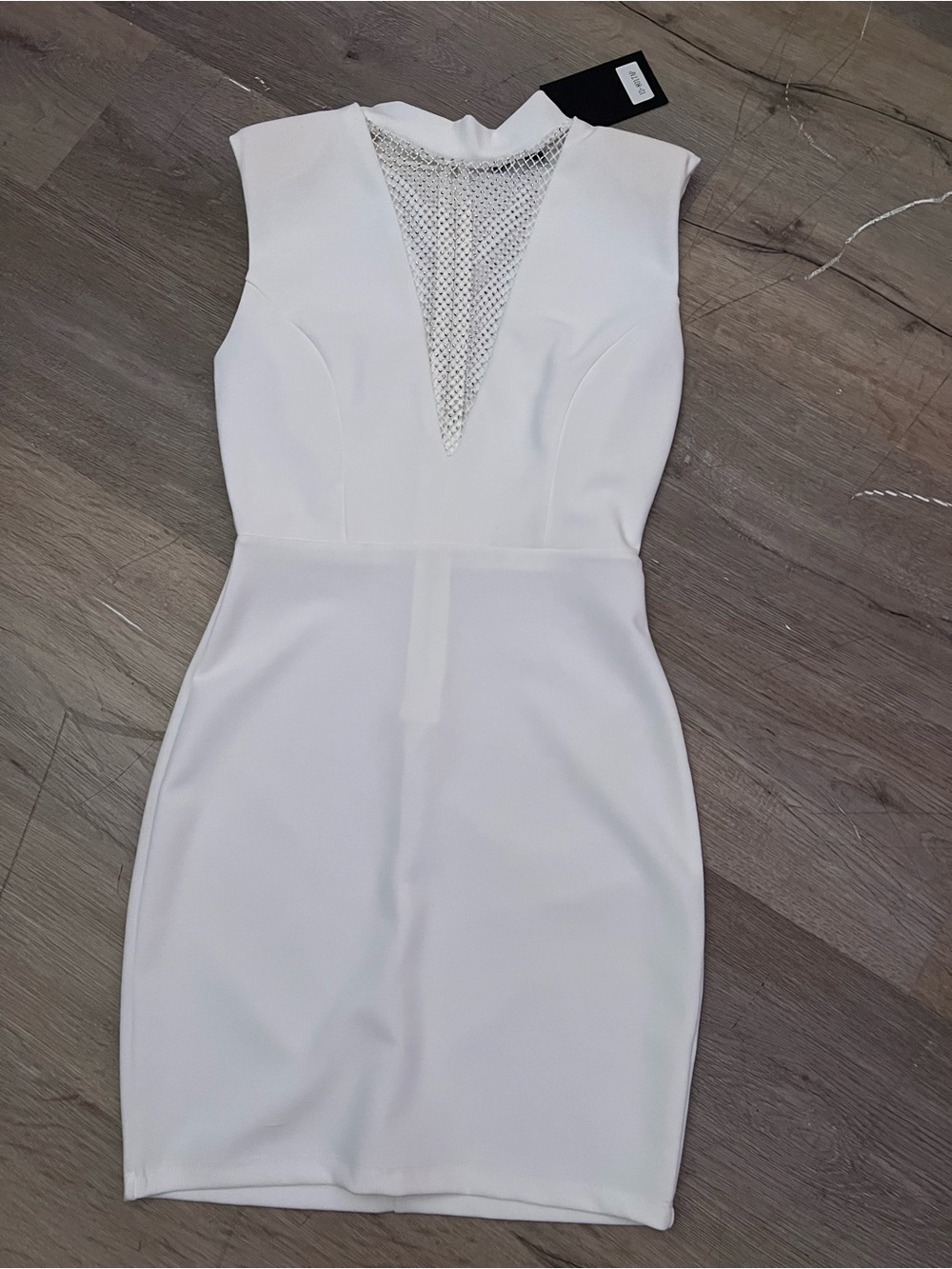 Sleeveless White Sheath Dress with Mesh V-Neck